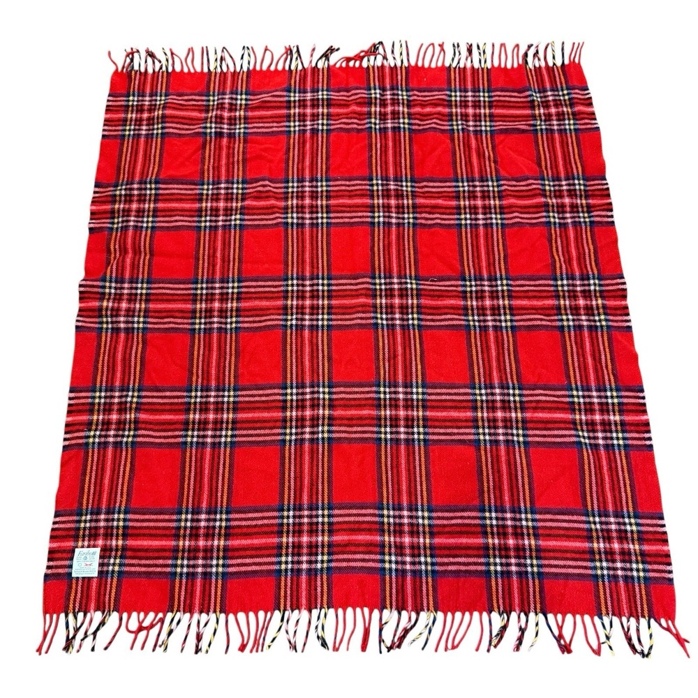 Vtg Faribo Wool Throw Blanket Faribault Woolen Mill Red Plaid Fringe Made in USA